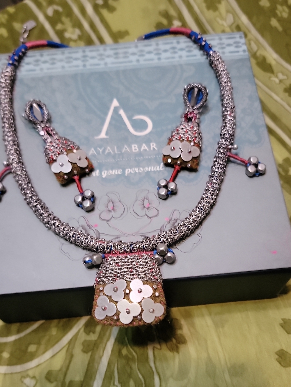 AYALA BAR Silver-Tone Floral Necklace And Earrings with Maroon & Metal Accents